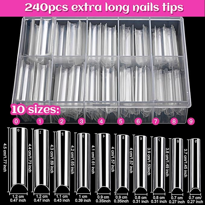 HNYYZL Extra Long Square ABS False Nail Tips, 240Pcs Kit with C Curve, Nail Glue, File for Salon Home DIY