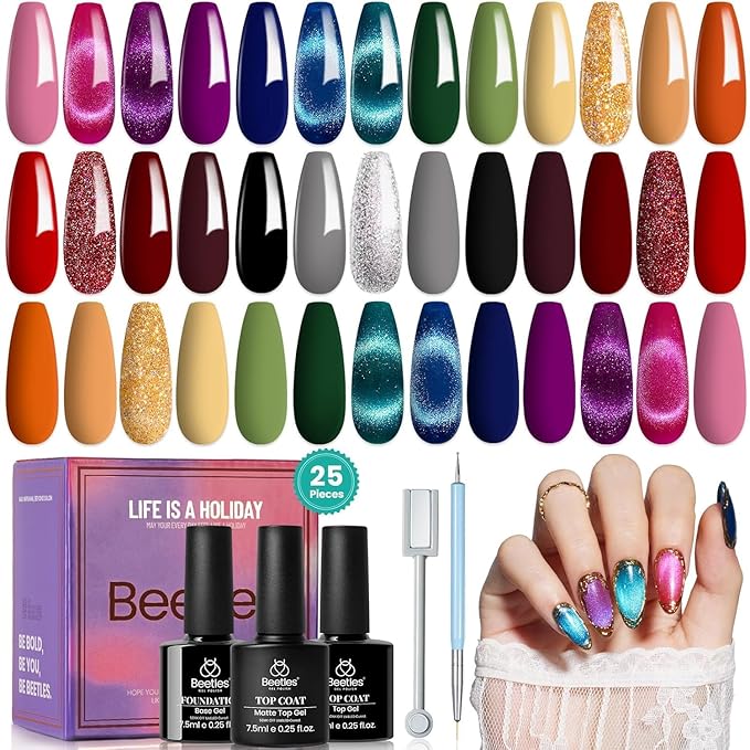 Beetles Cat Eye Gel Nail Polish Set - 20 Colors Gemstone Party Gel Polish Set Pink Blue Red Purple Glitter with Magnet Pen Base Top Coat DIY Salon Manicure Soak Off UV LED Valentines Gifts for Women