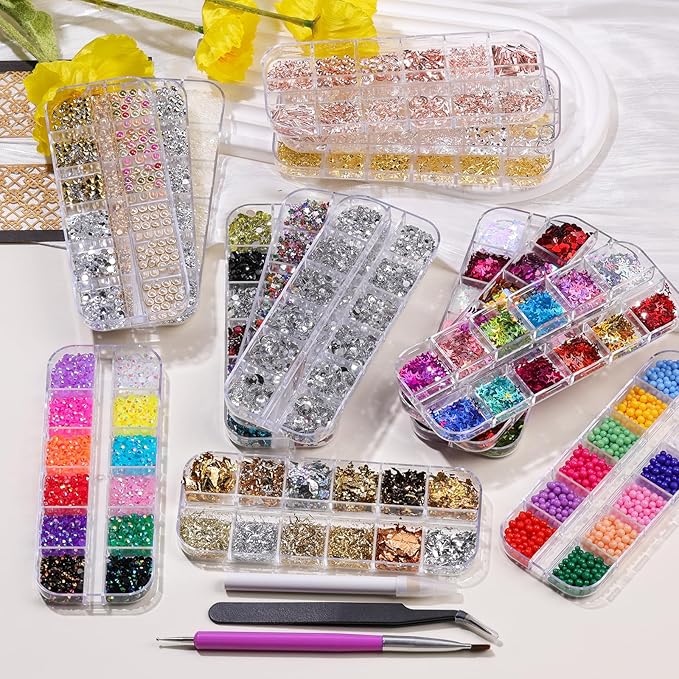 15 Boxes Nail Rhinestones Gems Kit,Gold/Silver Metal Studs,Mixed Sizes Flatback Crystals Rhinestones,Half Pearls,Sequins,Foil Flakes with Tweezers & Dotting Tools for DIY Manicure