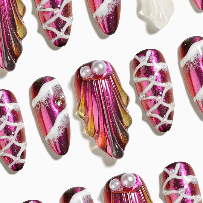 Sun&Beam Nails Handmade Press-on Medium Long Amlond Purple White Winered Aurora Mermaid Design False Nail Tips 10 Pcs (#019 XS)