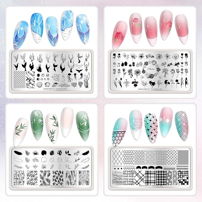 Born Pretty Nail Stamping Plates Set Nail Art Image Plates Plaid Flowers Leaves Geometric French Stamp Templates Kit Image Manicuring DIY Printing Tools 6PCS