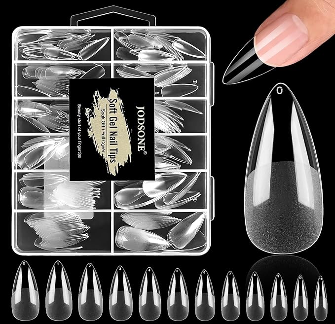 JODSONE Long Almond Nail Tips 240Pcs Soft Nail Gel Tips Half Matte Full Cover Clear Gelly Press on Flase Nail Tips for Extension Nail Manicure Home DIY 12 Sizes