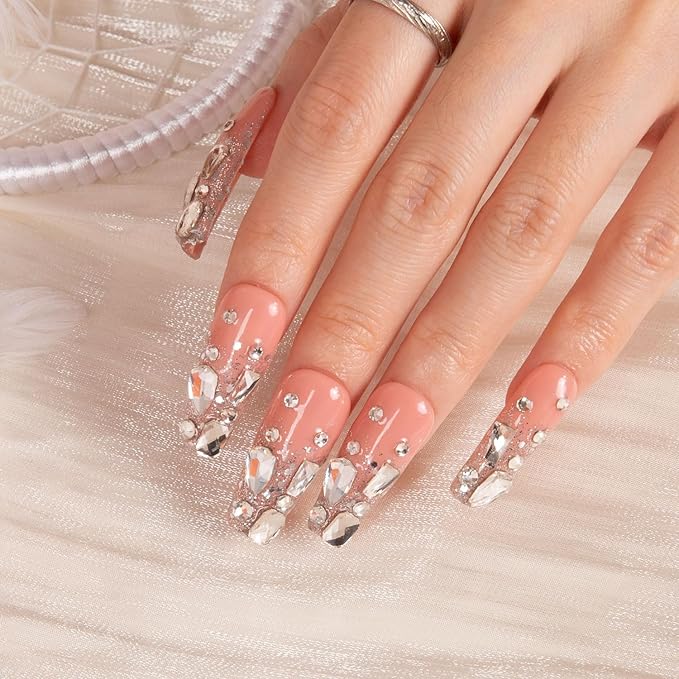 LOVFUL Press on Nails Silver Wind | Handmade with Full Covered Crystals | Reusable Full Cover Nails | Coffin Classic Regular 1.3 in | H126-M