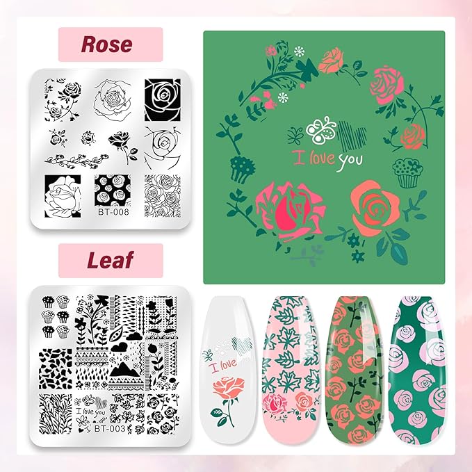 Biutee Nail Stamper Kit 12Pcs Nail Stamping Plate 8Pcs Stamping Gel Polish Nail Stamping Kit with Silicone Stamper Scraper Storage Bag Lace Plaid Stamp Template Holiday Gift for Women
