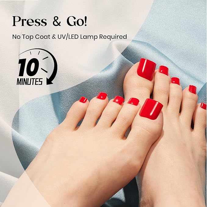 Beetles X Press Red Toenails - Cherry Rouge | Red Short Square Press On Toe Nails | 150 Pcs 15 Sizes Natural Salon Quality Gel Nail Tips For Women