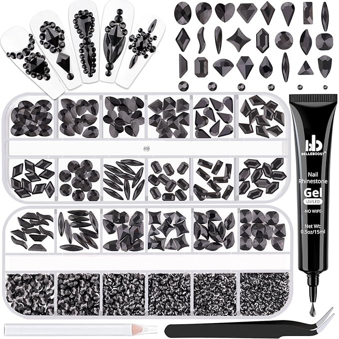 Glass Nail Rhinestones Multi-Shapes Flatback Gems, Round Crystal Glue Gel + 1500Pcs,arty Nails Diamond Gemstones