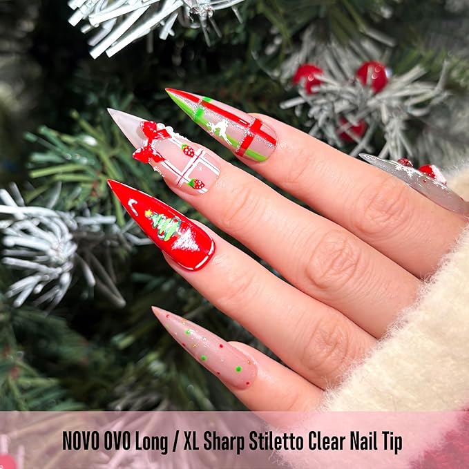 NOVO OVO Long XL Sharp Stiletto Pointed Nail Tips Press on, Extra Long Soft Gel Double Matte Clear Fake Nail Extension, Full Cover False Nails for Acrylic, for Salon DIY x 16 Sizes 224 pcs