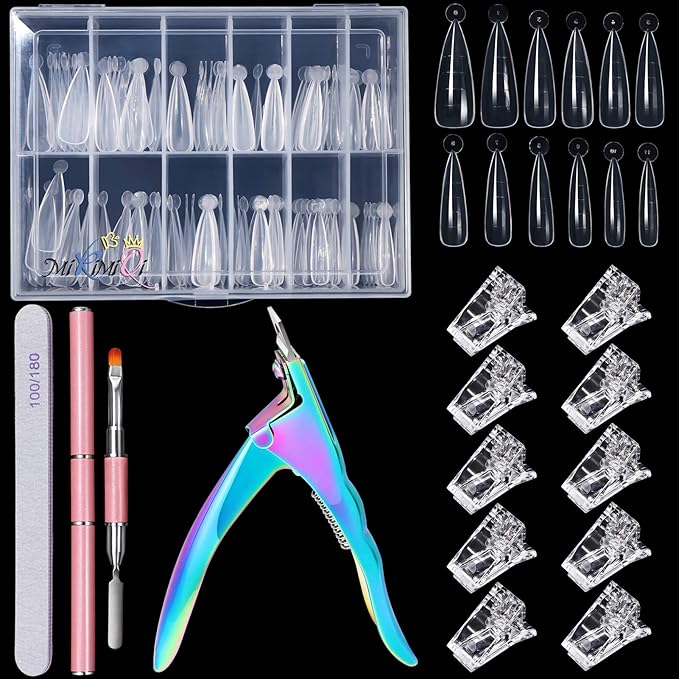Dual Nail Forms Set Poly Gel Quick Building Kit, 120Pcs Stiletto Molds With 10Pcs Tips Clips, Clipper Trimmer, Dual-Ended Extension Gel Brush, File