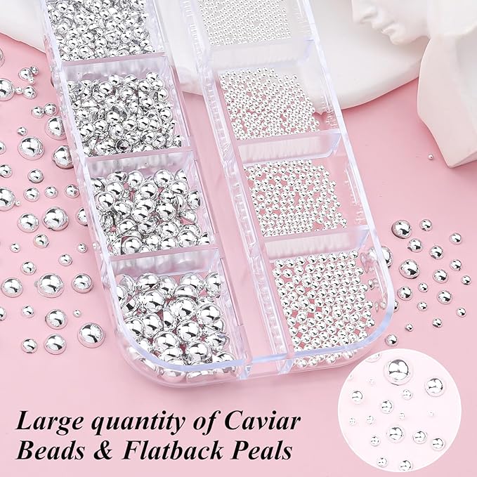 Silver Caviar Nail Beads and Nail Pearls, Mixed Size Half Round Flatback Pearl Silver Balls Nail Charms for Nails with Pickup Tools for Nails Face Eyes Makeup(33-K1-6)