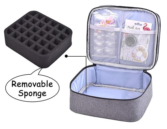 Nail Polish Organizer- Holds 30 Bottles Nail Supply Organizers and Storage Double-layer Nail Bag Organzier Case Nail varnish Organizer Nail Polish Storage Bag with Handle (Grey)