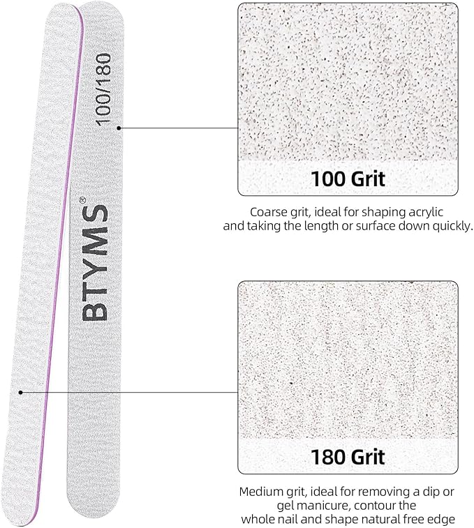BTYMS 30Pcs 100/180 Grit Nail Files for Acrylic and Natural Nails，Double Sided Emery Board Nail Buffering Files