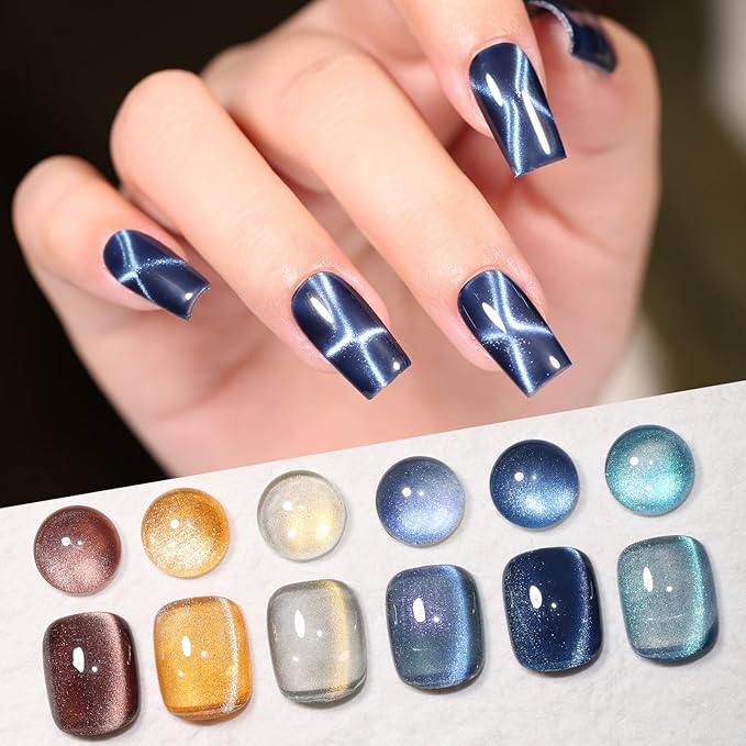 Cat Eye Gel Nail Polish Set, 6 Colors 12ML - 9D Glassy Holographic Glitter, Magnetic Nail Art Kit with Magnet, Soak Off UV LED Gel for DIY Home Salon Manicure Gift for Women
