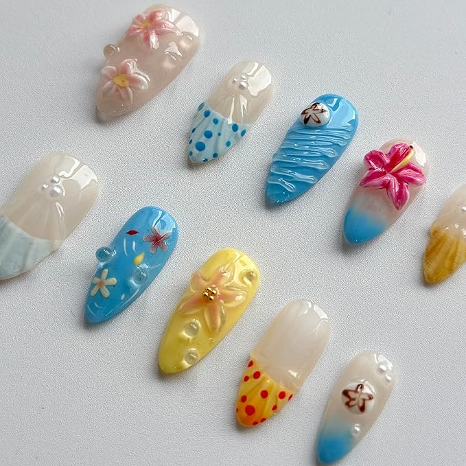 Luxury Press on Nails Medium Almond Handmade 3D Unique Reusable ABS Material Fake Nails French Tip False Nails with Designs Flower Pearls Water Drop Summer Glossy Glue on Nail Thick Acrylic Nail(S)