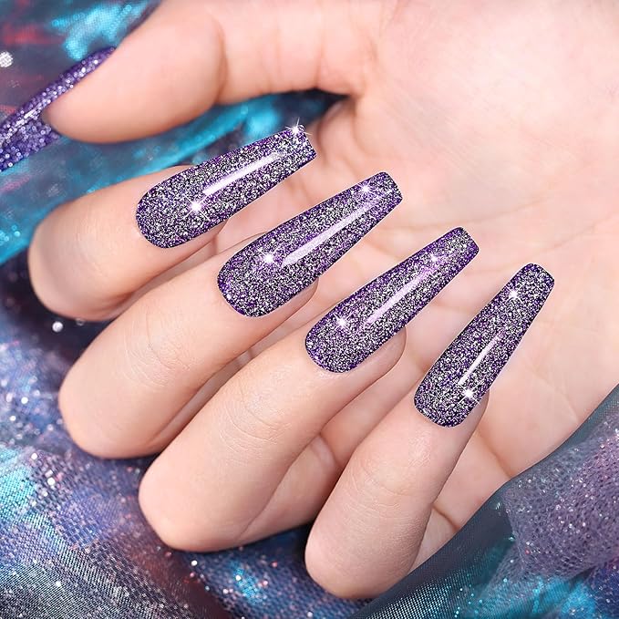 Elegant Purple Glitter Gel Nail Polish, Reflective Diamond Gelpolish, Soak Off U V L E D NailGel Shimmer Shiny Gel Nail Art Manicure Salon DIY at Home RAR89