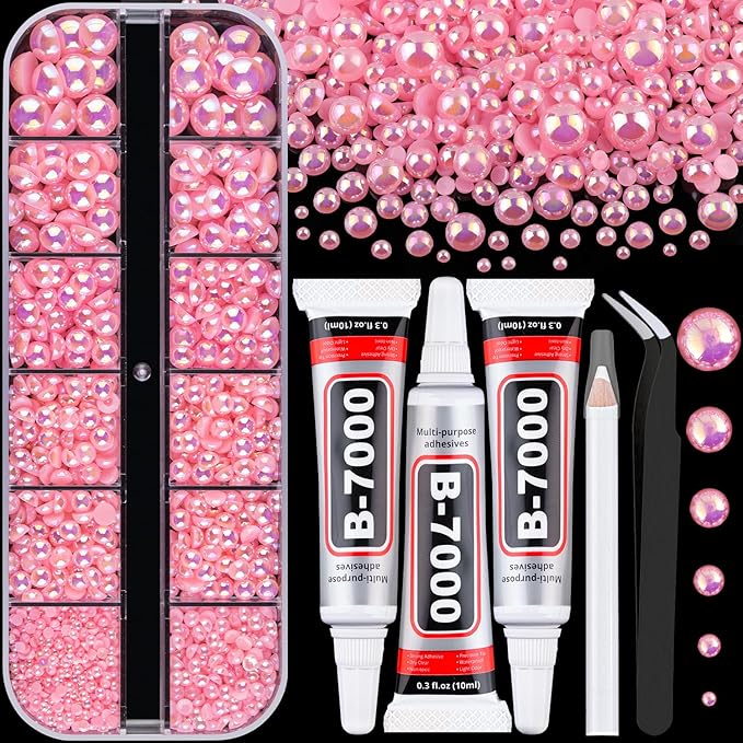Flatback Pearls for Crafting with 3Pcs 10ml B7000 Jewelry Glue, 1 Box of Half Round Pink AB Pearls, Bedazzling Beads for DIY Crafts Clothing Tumblers Shoes Embellishment Nail Art