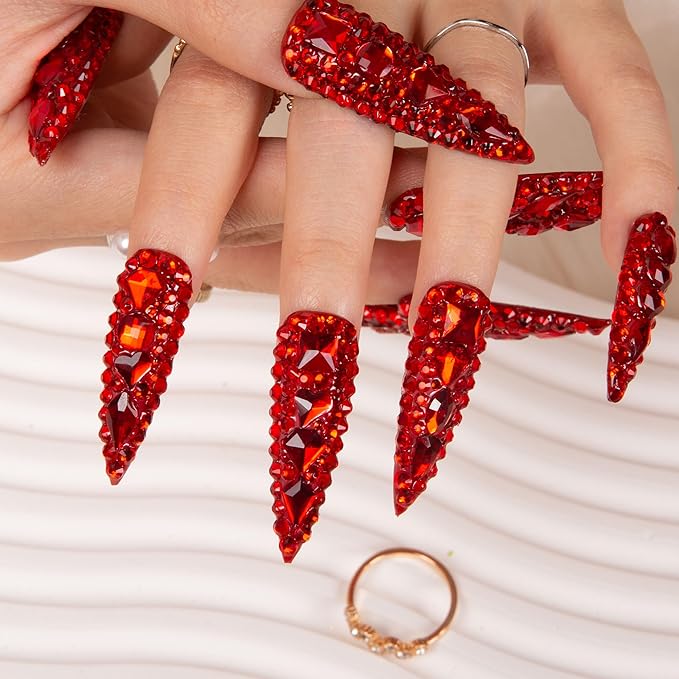 LOVFUL Press on Nails Flaming Luxury Red | Handmade with Full Covered Crystals | Reusable Full Cover Nails | Stiletto Mid Length 1.7 in | H39-M