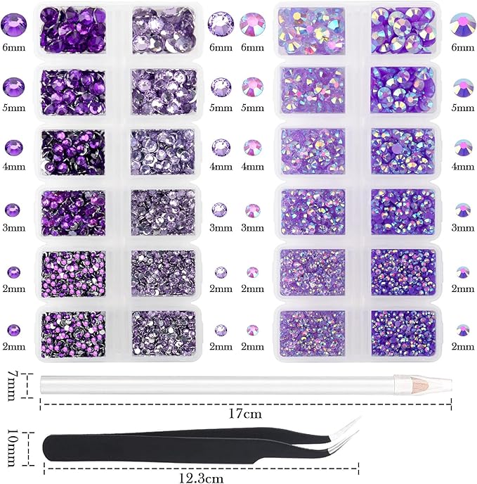 15000PCs 2-6MM Purple Series Resin Flat Back Rhinestones, Round Non Hotfix Jelly & Silver Bottom Resin Rhinestones Nail Gems Stones with Tweezer & Picker Pen for Nail Art Tumblers & DIY Crafts