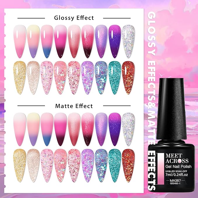 MEET ACROSS Color Changing Rubber Base Builder Gel Polish Nude Pink Purple Mood Temperature Change Nail Polish + Jelly Glitter Gel Nail Polish, Base Color Gel Polish Set 18pcs*7ml