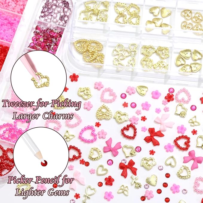 BELICEY Valentines Red Pink Hearts Nail Charms Gold Metal Heart Nails Art Charm Resin Bow Flower Flatback Nail Rhinestone and Gems Nails Jewels DIY Manicure Jewelry for Women Accessories Supplies
