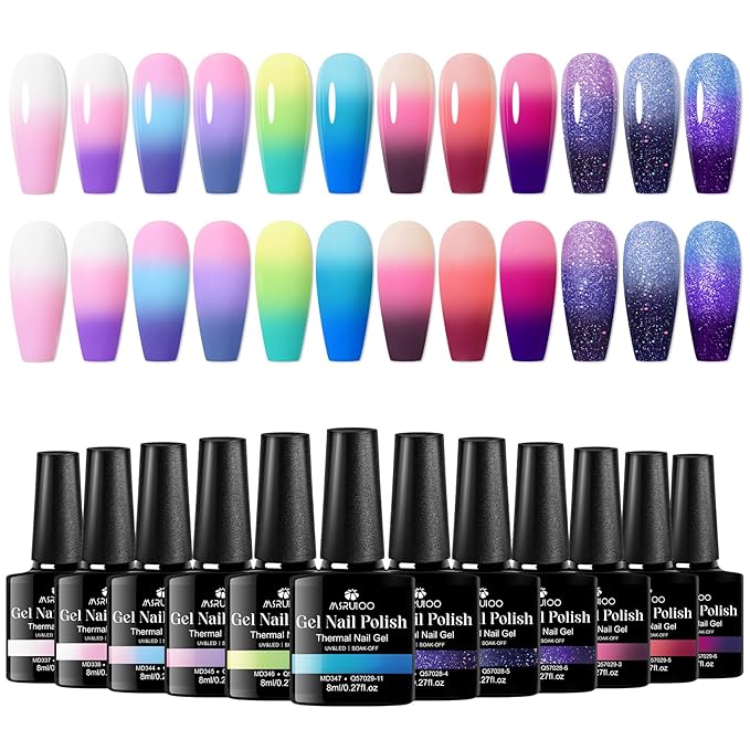 Color Changing Gel Nail Polish Set Temperature Mood Changed Glitter Blue Purple Nail Art Design Gifts for Women Girls 12Pcs*8ml