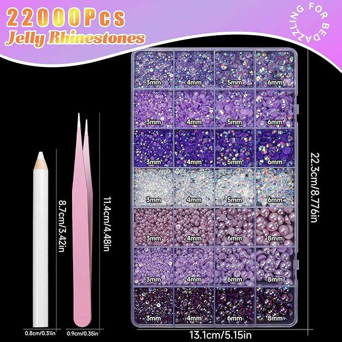 22000 Pcs Purple Flatback Pearls and Rhinestones Bedazzling Kit, Resin Rhinestones Gems for Crafting, Mixed Size Half Pearls Gems for Nails Face Eyes Makeup Bottles Shoes DIY Crafts