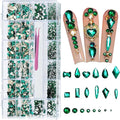 6080PCS Green Rhinestones for Nails, Rhinestone kit with 20 Shapes, 3D Flatback Crystals Diamonds for Nail Art Design,Mix Sizes Nail Charms and Gems(Tweezers Included)