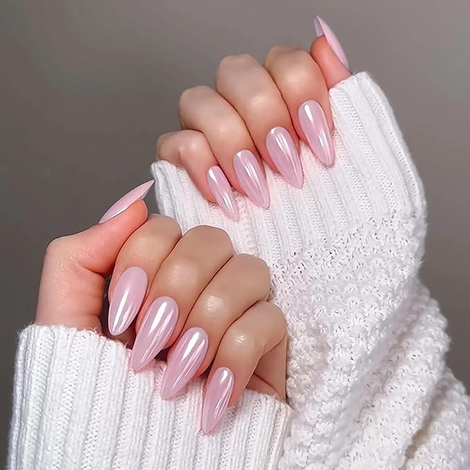 Chrome Press On Nails Almond, Glazed Light Pink Glue on Nails Medium Press Ons, Acrylic Natural Fit Stick on Nails in 12 Sizes - 24Pcs Fake Nail Kit for Women Daily & Party Wear