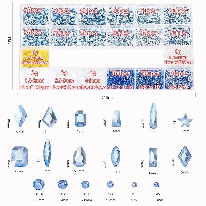 Nail Rhinestones Kit 9080PCS Flatback Rhinestones for Nail Crystals Decoration Nail Hearts Multi Shapes Mix Size and Metal Beads Pearl Gold Silver with Glue Gel and Pen Brush Tweezers(Light Blue)