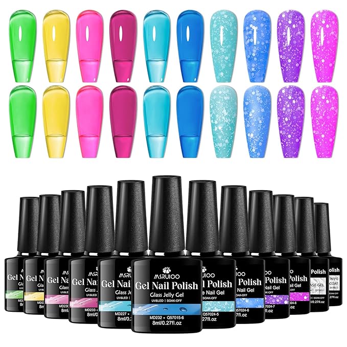 Neon Jelly Gel Nail Polish Snowflake Gel Polish Set Transparent Blue Pink Macaron Candy Jelly Nail Polish Gel Gifts for Women 12Pcs
