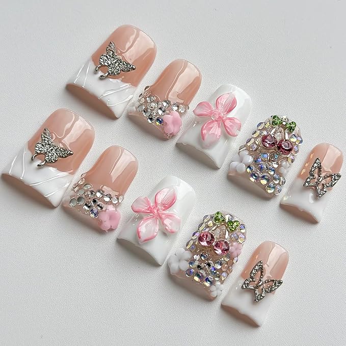 Luxury Press on Nails Short Duck Handmade 3D Unique Reusable ABS Material Fake Nails White French Tip False Nails with Designs Pink Flower Butterfly Glossy Glue on Nail Thick Acrylic Nail(S)
