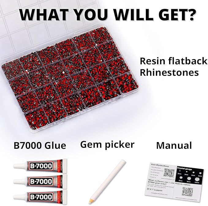 33000Pcs Burgundy Rhinestones for Bedazzling, Bedazzler Kit with Flatback Craft Rhinestones Maroon Dark Red Dark Siam Bulk and B7000 Glue, 2,3,4,5,6mm Resin Flat Back Crystals for Craftings, Nails