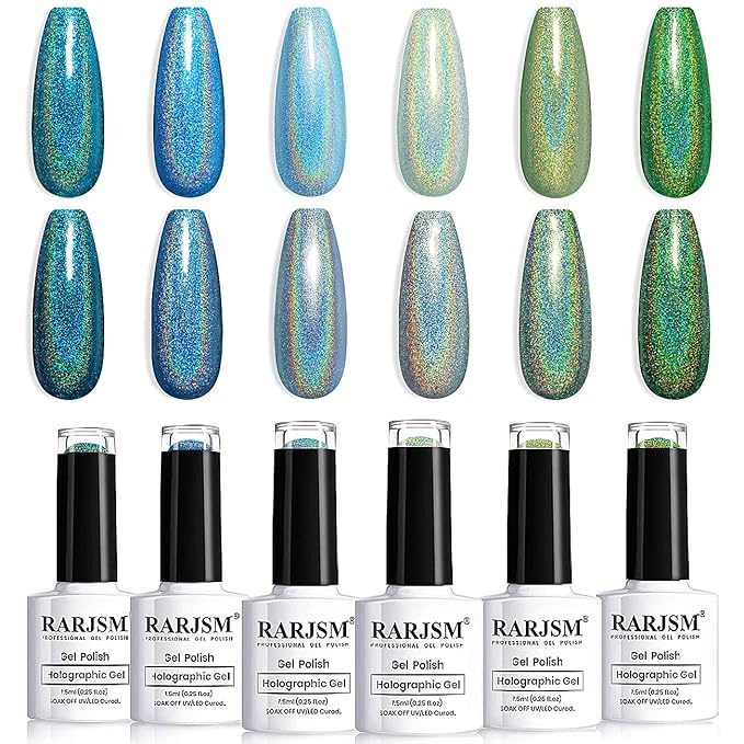 RARJSM Holographic Gel Polish Set,Turquoise Green Gel Nail Polish Kit Glitter Summer Collection Soak Off 6PCS 7.5ML Curing Required Unicorn Mirror Laser Effect Nail Gel for Salon Home Manicure