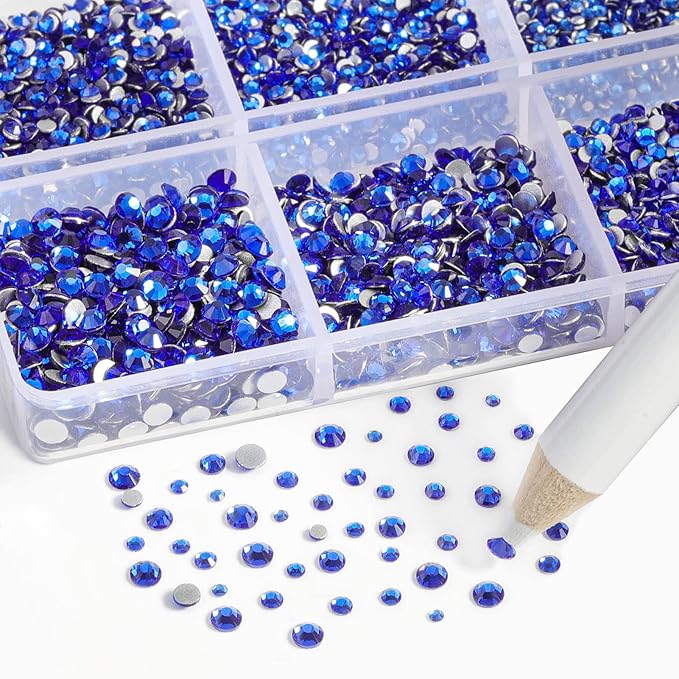 Beadsland 7200pcs Flatback Rhinestones,Royal Blue Rhinestone Nail Gems Round Crystal Rhinestones for Crafts,Mixed 6 Sizes with Wax Pencil Kit, SS3-SS10,Sapphire