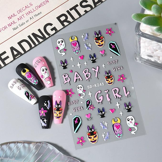 5D Self-Adhesive Nail Stickers for Halloween Nail Decals: DIY Nail Art Design with Bat, Ghost, Pumpkin, Spider Web, Witch, Skull, Bones, etc. Ideal for Halloween Party Supplies for Women (Pink)