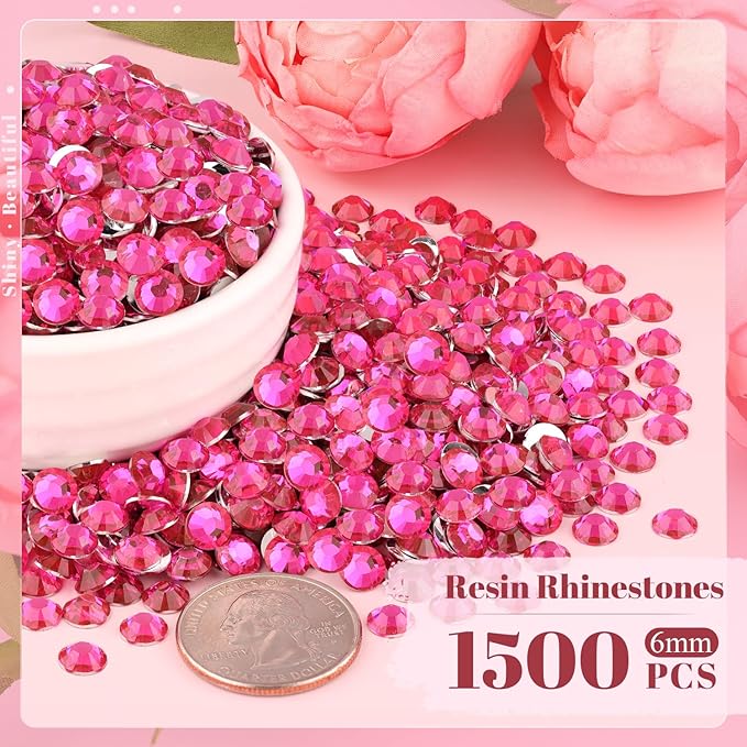 1500PCS 6mm Resin Rhinestones Bulk for Crafting (Hot Pink), Flatback Bedazzling Crystals for Crafts DIY Nail Decoration, Gems Charms for Tumbler Shoes Clothing Fabric with Pickup Pen and Tweezers