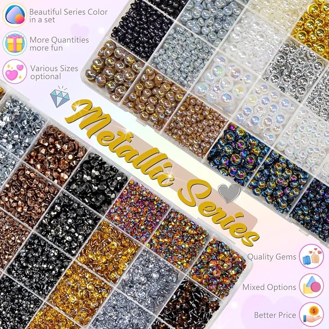qiiipi 2 Big Boxes Metallic Color Resin Pearls and Rhinestones w B7000 Glue for Bedazzling Crafting Flatback Stones Gems Diamonds Bedazzler Kit for Nails Face Makeup Tumblers Bottles Crafts﻿ Shoes
