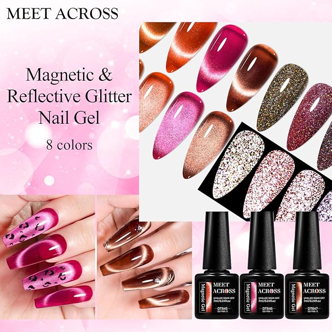 MEET ACROSS 8pcs Nail Polish Set, Soak off UV LED Lamp Cat Eye Gel Set, Home Manicure Kit 7ml (Amber Cat Eye + Diamond Gel)
