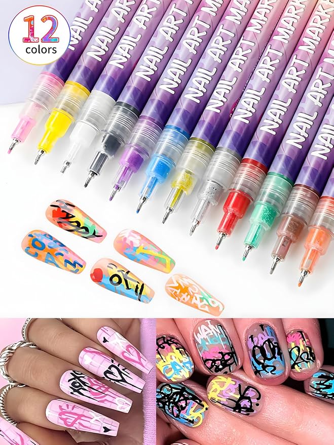 Fine Tips 3D Nail Art Pens, 12 Colors 0.5 MM Nail Marker Pens Nail Point Graffiti Dotting Drawing Painting Liner Pen for Home Salon Quickly Dry Nail Art Valentine Gift