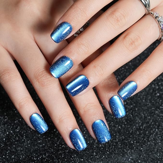 Press on Nails Short Square, Jofay Fashion Blue Cat Eye Press on Nails, Soft Gel Fake Nails, Reusable & Natural Acrylic False Nails, Stick on Nails for Women Girls Gift, Glue on Nails Kit 32 Pcs