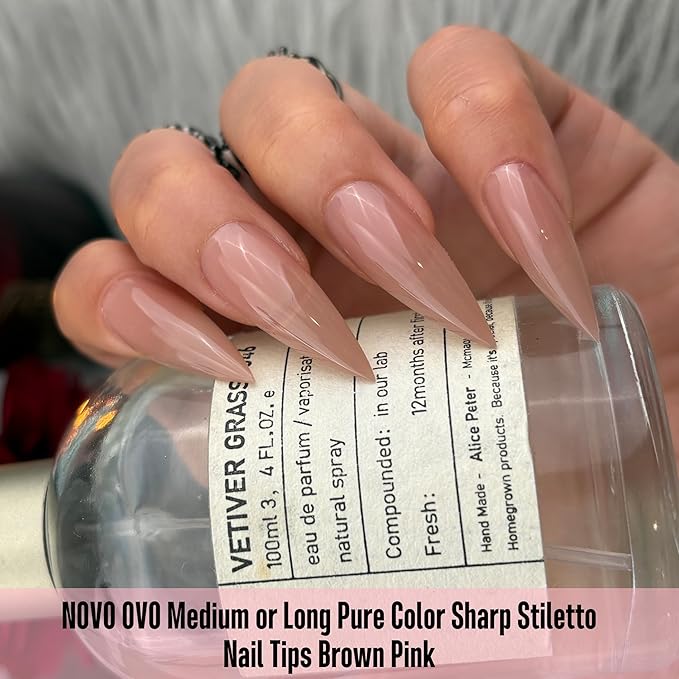 NOVO OVO Sharp Stiletto Nail Tips Press on Medium Long Pure Color Brown Pink, Pointed Soft Gel Fake Acrylic Extension, Full Cover False Nails for Salon DIY x 16 Sizes 224 pcs