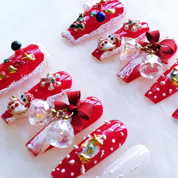 Christmas Press-On Nails, Long Ballerina Shape, Red and White Design with Snowman, Bows and Snowflakes, 10 Pieces (Small, LS)