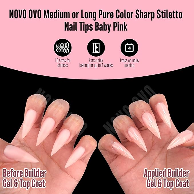 NOVO OVO Medium Long Stiletto Nail Tips (Baby Pink) - Pure Color Sharp Pointed Soft Gel Fake Nails, Pre-Colored Full Cover Press Ons for Acrylic Extension, 16 Sizes (224 Pcs)