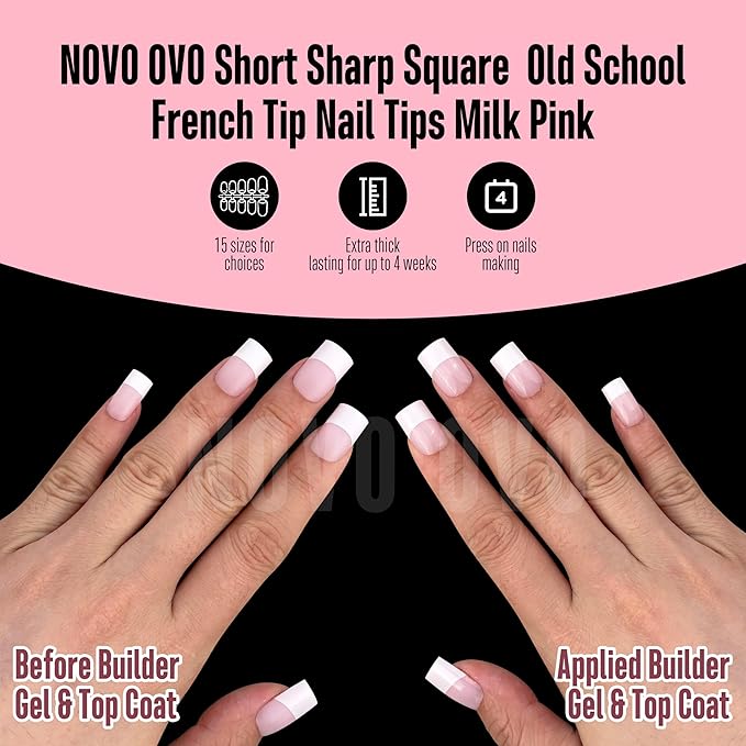 NOVO OVO Old School Wide White French Short Sharp Square Tip Nail Tips Press on MILKY PINK, Need Builder Gel Top Coat Nail Glue, Soft Gel Full Cover Fake Nail Extension, for DIY x 15 Sizes 240 pcs