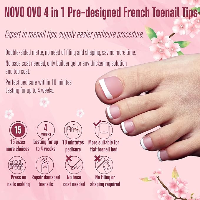 NOVO OVO Fake Toe Nail Tips Press on, French Tip Soft Gel Toenail Extension, BERRY PINK Square Round Pre-applied Tip Primer & Base Coat, Full Cover Matte False Nails for DIY x 15 Sizes 360Pcs