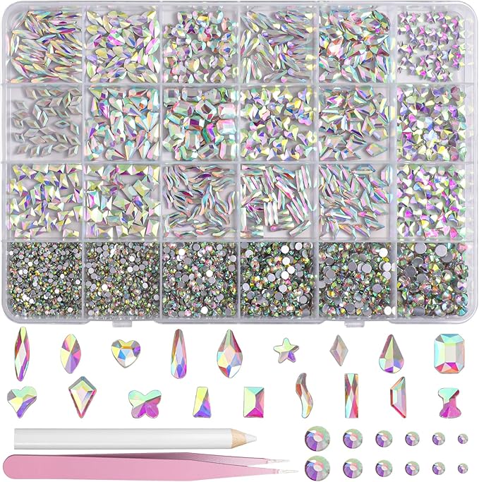 AB-Colors Flatback Nail Art Rhinestones Kit, Mix Crystal AB-Color Flatback Rhinestones Crystals Diamonds, Multi Shapes Glass Crystals Diamonds for Nail Art Design Crafts Clothes Shoes Jewelry