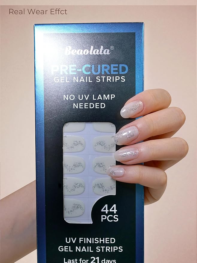Pre Cured Gel Nail Strips - 44PCS Salon Quality Gel Nail Stickers - Long Lasting Polish Wraps for Women no UV Light Needed Easy Apply & Remove (Midnight White)