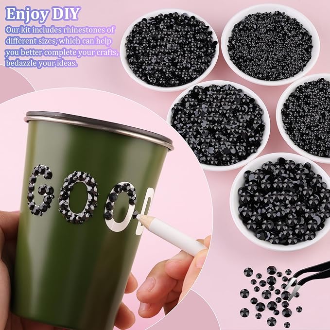 32000Pcs Black Rhinestones for Bedazzling, Flatback Resin Gems Crystal, Bedazzler Kit with 3Pcs 10ml B7000 Jewelry Glue and Tweezers for Makeup Crafting Nail Art
