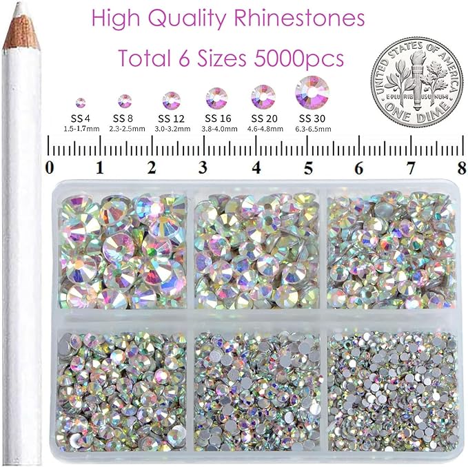 Bymitel 5000 Pieces 6 Mixed Sizes Glue Fix on Glass Rhinestones Round Crystal Gems Flatback for DIY Jewelry Making with one Picking Pen (6-Sizes 5000PCS, Crystal AB)