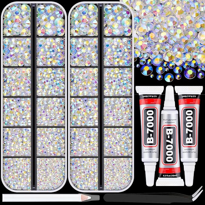 12000Pcs Resin Rhinestones for Bedazzling with 3Pcs B7000 Jewelry Glue, 2 Boxes Transparent AB Flatback Rhinestones for Crafting Crafts DIY, Crystals Gems for Clothing Shoes Tumblers Nail Art Makeup