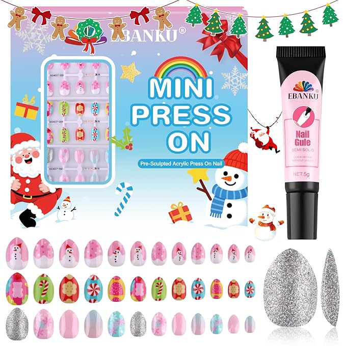 72 Pieces Christmas Press on Nails for Kids, EBANKU 3 Pack Kid Fake Nail Kit Cute Snowman Press on Nails for Girls 7-12 Years with Nail Glue